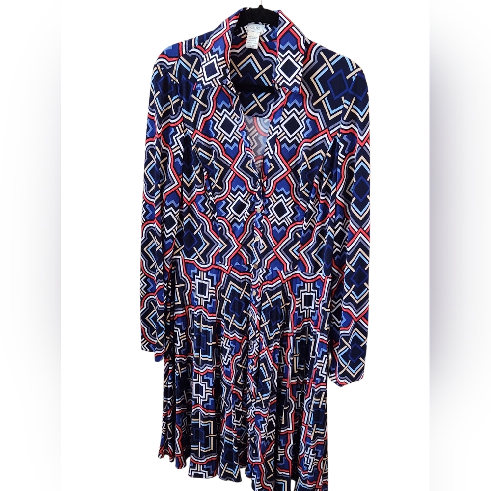 Cache Geometric Career Dress Button Front V Neck A Line Pleated Preloved Size 14